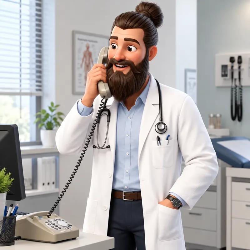 Marco as a doctor in a white coat in a practice, holding a telephone receiver to his ear