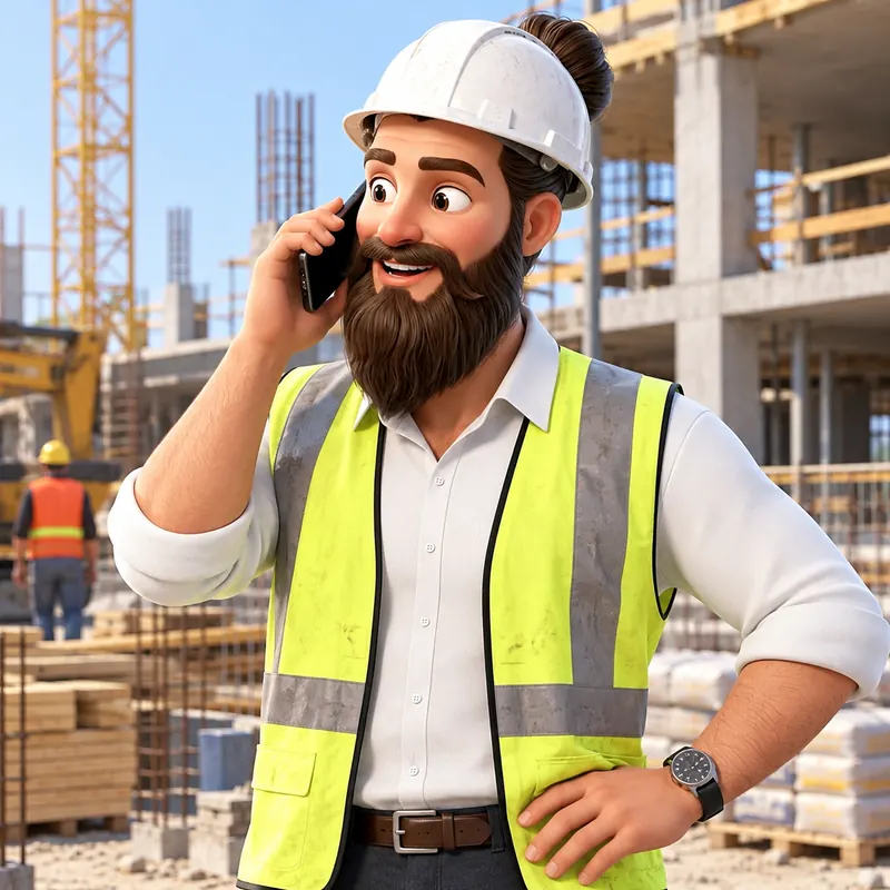 Marco in a white hard hat and high-visibility vest on a building site, with his mobile at his ear