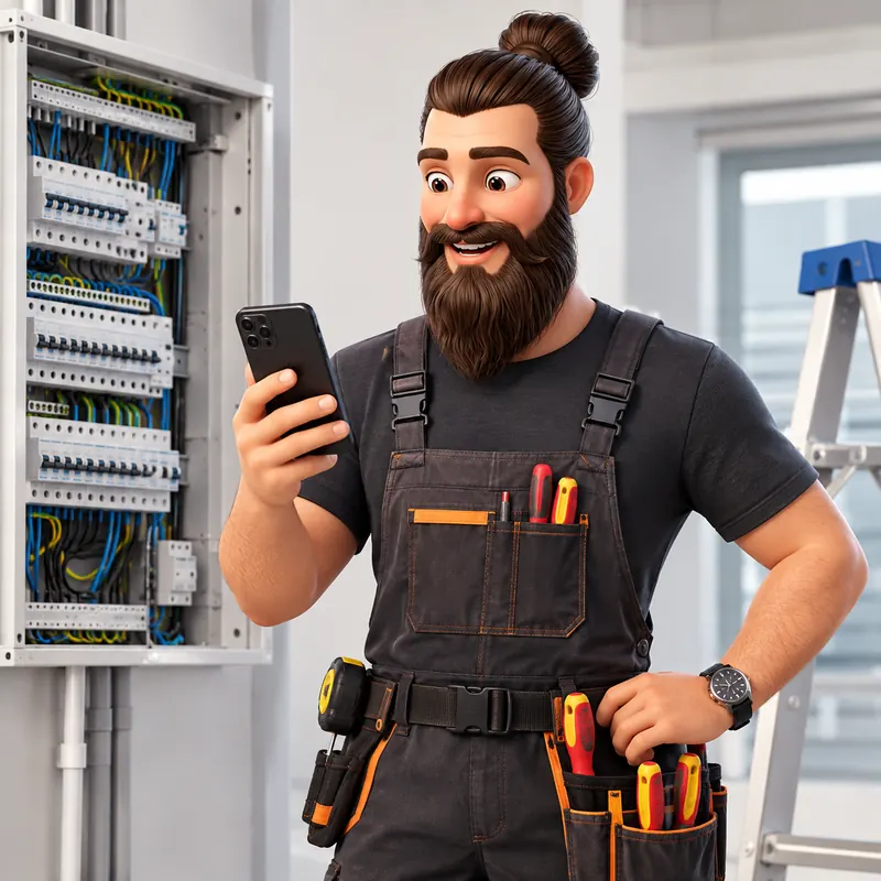 Marco as an electrician in dungarees in front of a distribution board, holding his mobile