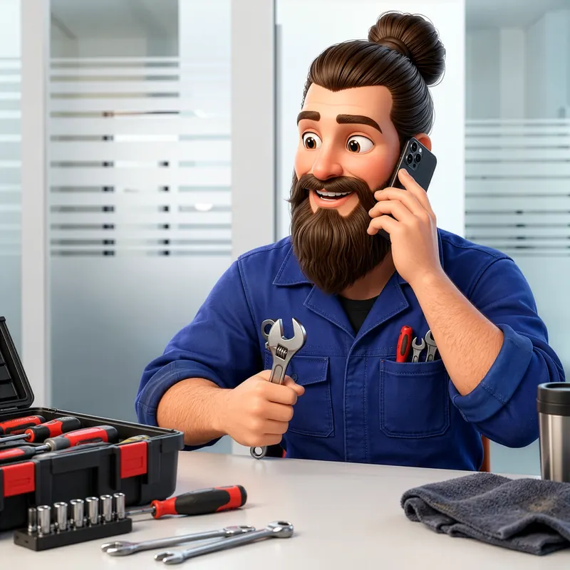 Marco in blue overalls at a table with a toolbox and a spanner, with his mobile at his ear