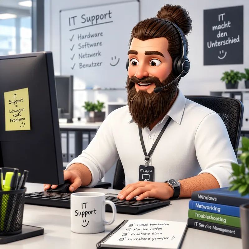 Marco with a headset at an IT support desk, in front of a whiteboard listing hardware, software, network and users