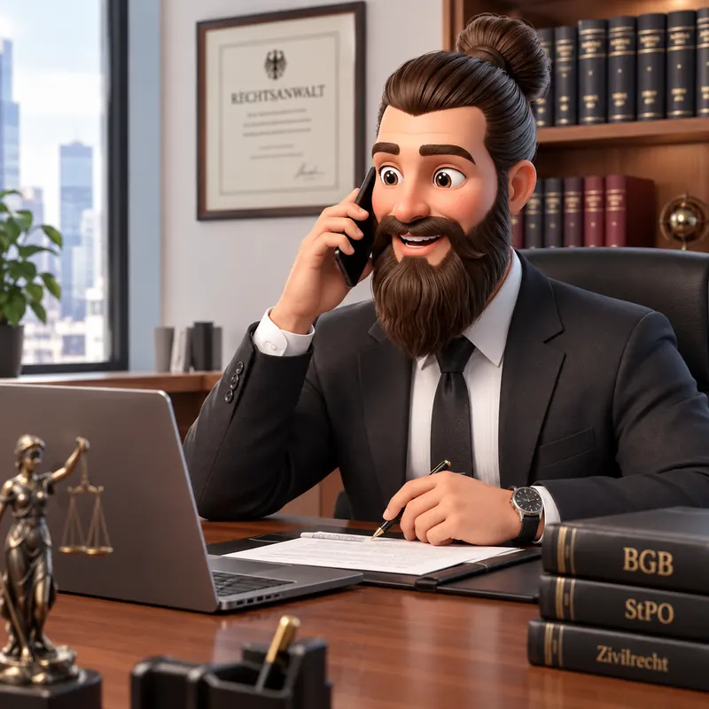 Marco as a lawyer in a suit at a desk in a law firm, with his mobile at his ear