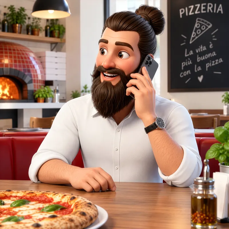 Marco in a pizzeria at a table with a pizza, in front of a wood-fired oven and a chalkboard, with his mobile at his ear
