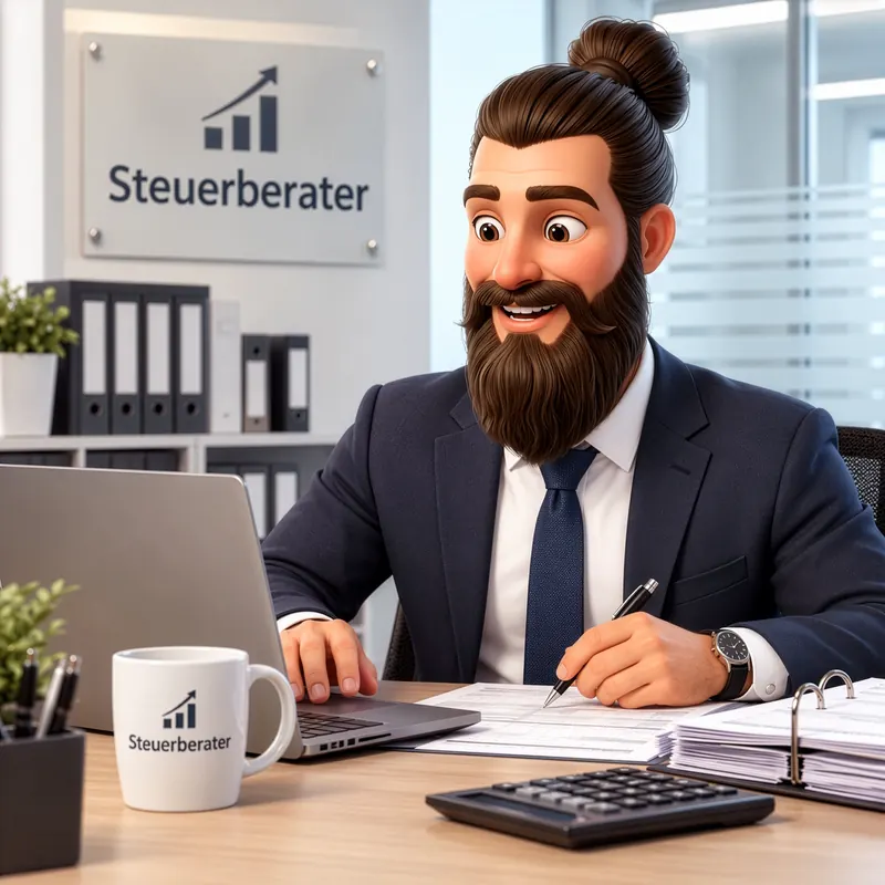 Marco as a tax adviser in a suit at a desk with laptop, calculator and documents, below a sign reading “Steuerberater”