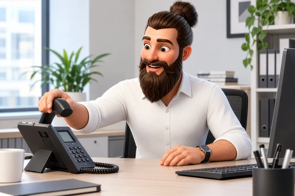 Marco at his desk in a bright office, reaching for the desk phone
